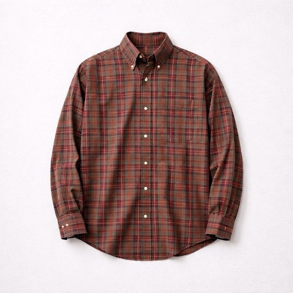 LANDS' END Men's Large Lightweight Flannel Shirt Red Green Plaid Button Down L/S
